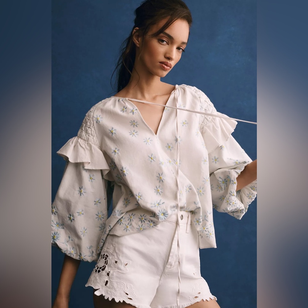 NWT Forever That Girl Ruffle-Sleeve Smocked Linen Blouse